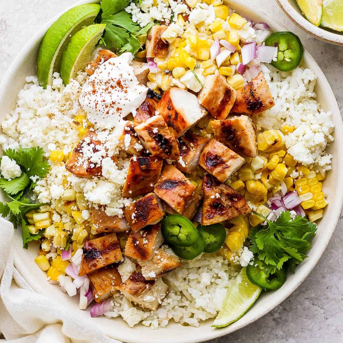 Chipotle Lime Chicken Fajita Bowls + Street Corn
